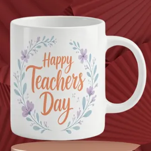 Tazza in ceramica bianca con ghirlanda floreale e scritta Happy Teachers Day regalo.