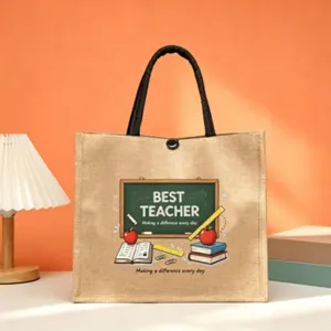 Large capacity burlap tote bag with teacher themed print, perfect gift for teachers daily use.