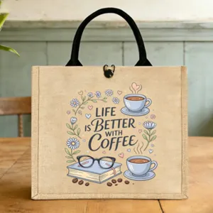 Jute Lunchtasche Süßer Cartoon Kaffee Druck Wiederverwendbare Leinen Handtasche für Büro