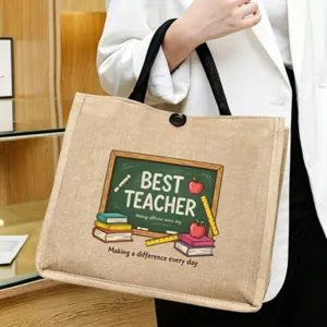 Teacher themed jute tote bag with charming chalkboard print, durable burlap handbag for daily use.