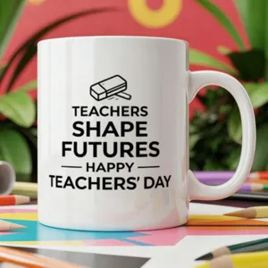 Taza de café de cerámica blanca con estampado de profesor y fondo de escritorio de lápiz.