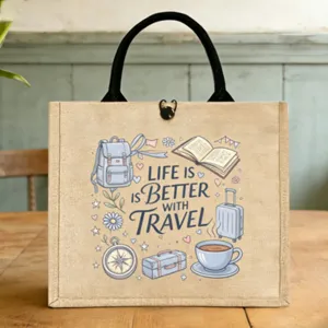 Jute Brotdose Tasche mit Reise-Druck, tragbare Leinentasche fuer Mahlzeiten im Alltag.
