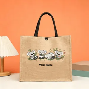 Customizable jute tote bag with cute animal print, eco-friendly burlap handbag for daily use.