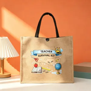 Teacher survival kit jute tote bag, large capacity canvas bento bag with cute cartoon print.