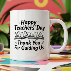 Tasse en ceramique blanche avec citation de la fete des enseignants et beau design livre.