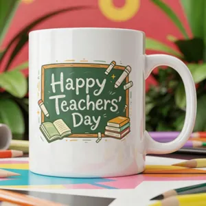 White ceramic coffee mug with teacher day chalkboard print for office coffee and gifts.