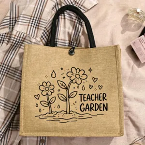 Jute tote bag with teacher garden floral print, reusable hessian grocery handbag with handles.
