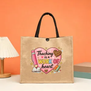 Jute tote bag with cute teacher appreciation print, spacious casual handbag for daily use.
