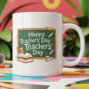 Close-up detail of white ceramic coffee mug featuring cute teacher day blackboard print design.