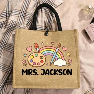 Custom name jute tote bag, reusable canvas shopping bag with cute cartoon rainbow print.