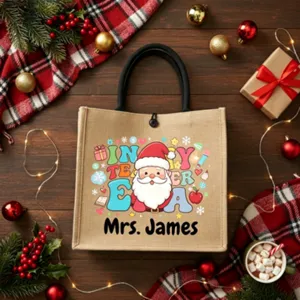 Custom teacher jute tote bag personalized Christmas burlap handbag with santa gift.