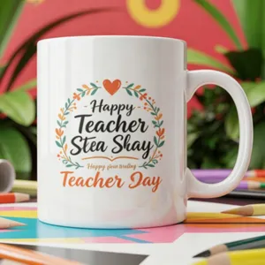 Taza de cafe de ceramica blanca con tema del dia del maestro y corona colorida.