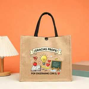 Large capacity jute tote bag with teacher appreciation cartoon print, ideal gift for teacher.