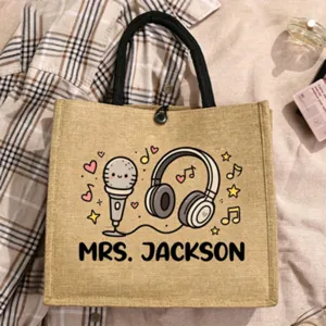 Custom name teacher jute tote bag with cute cartoon microphone design, durable and eco-friendly.