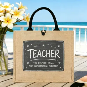 Personalisierbare Jute-Tragetasche für Lehrer mit schwarzen Griffen und tollem Design.