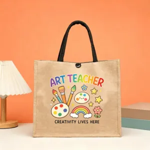 Jute Tote Bag Art Teacher Gift Reusable Shopping Grocery Bag with Handles Cute Design