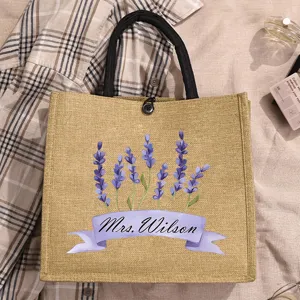Customized jute tote bag with floral lavender print and personalized English name, stylish handbag.