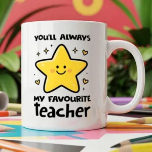 Cute star teacher ceramic coffee mug detail view, lovely daily gift for educators and teachers.