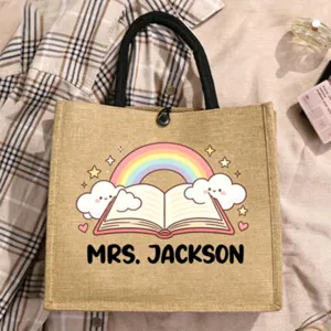 Customized teacher jute tote bag with cute rainbow book print, eco-friendly casual handbag.