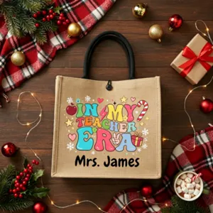 Personalized jute tote bag custom teacher gift reusable burlap shopping bag with name.