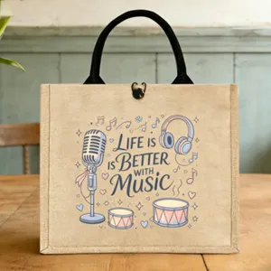 Detailansicht der niedlichen Jute-Bento-Tasche mit Musikdruck und stabilen Griffen.