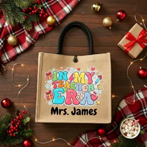 Personalized teacher jute tote bag with festive Christmas background and custom name print.