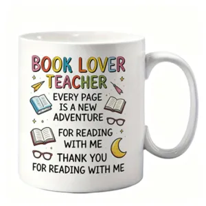Tasse à café en céramique pour enseignant avec joli imprimé lecteur, cadeau idéal pour prof.