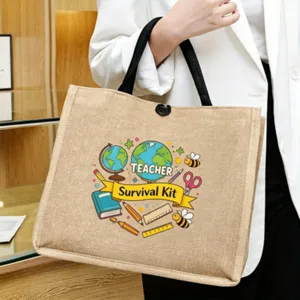 Teacher survival kit jute tote bag, stylish burlap handbag with printed school theme design.