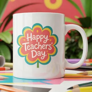 Detailed close-up of a white ceramic coffee mug with a colorful teachers day floral print.