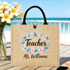 Personalisierte Lehrer Jute Tasche Blumen Leinen Handtasche Große Kapazität Einkaufstasche