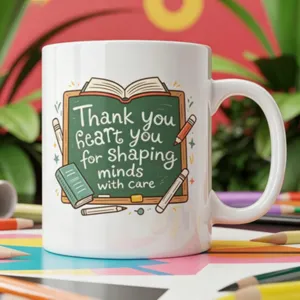 Ceramic coffee mug with blackboard and book cartoon design, ideal teacher gift for office use.