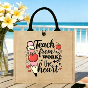 Personalisierte Jute Handtasche fuer Lehrerin Blumen Apfel Muster grosse Kapazitaet
