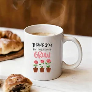 Tasse a cafe en ceramique blanche avec impression de roses en pot et texte de remerciement