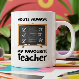White ceramic coffee mug with teacher theme print, perfect gift for teachers and school.