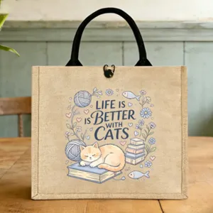 Jute-Lunchtasche mit niedlicher Katzen-Illustration und Henkel, ideal für Arbeit und den Alltag.