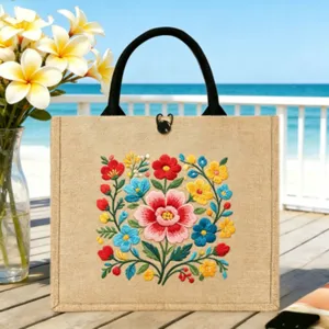 Grosse Jute-Tasche mit exquisiter bunter Blumenstickerei für den täglichen Einkauf.