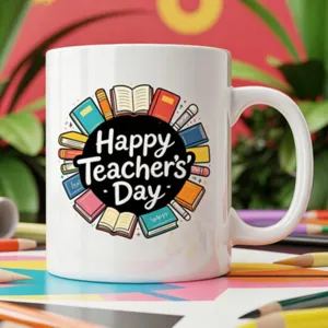 Cute Teacher's Day ceramic coffee mug with book cartoon print, perfect office gift.