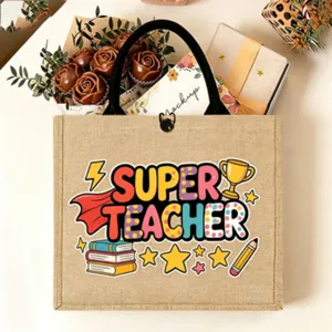 Detailed view of teacher jute tote bag with colorful print, premium burlap shopping bag.