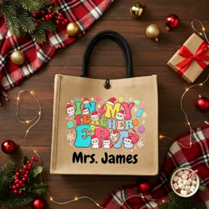 Custom Christmas Jute Tote Bag Personalized Teacher Gift Reusable Burlap Handbag With Name