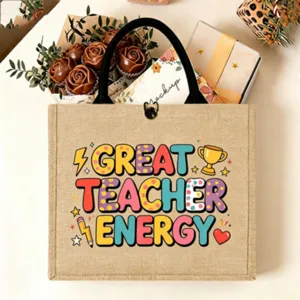 Jute tote bag with teacher text print, stylish burlap shopping bag with handles and snap.