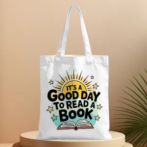 Vista dettagliata della borsa tote in tela per amanti dei libri con stampa retrò.