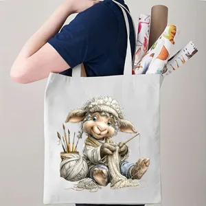 Canvas draagtas met schattig cartoon schaap breimotief, ideaal voor dagelijks winkelen