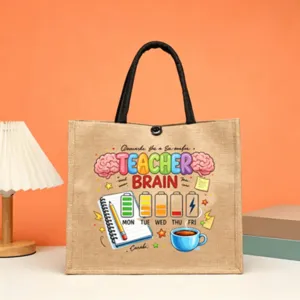 Jute tote bag with teacher brain print, stylish hessian shopping bag with sturdy handles.