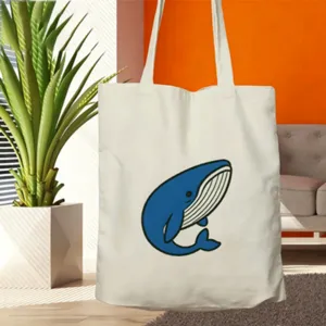 Borsa shopper in tela casual con simpatica stampa di balena blu, ideale per l'uso quotidiano.