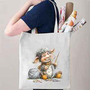 Leuke cartoon schaap canvas tote tas, retro breien dier schouder shopping tas voor dagelijks.