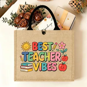 Canvas burlap tote bag with cute teacher appreciation print, durable everyday shopping handbag.