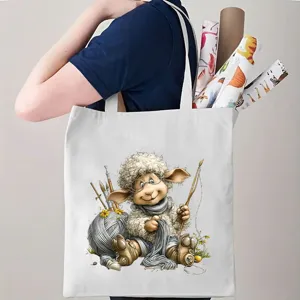 Canvas draagtas met schattig cartoon schaap breien ontwerp, ideaal voor dagelijks winkelen.