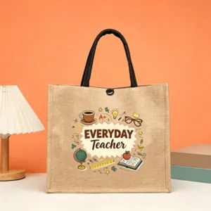 Close-up detail of the stylish jute tote bag featuring cute teacher theme print and handles.