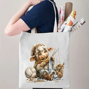 Vintage cartoon schaap canvas tote bag, schattige brei dier schouder shopping tas.