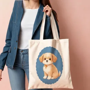 Cute Cartoon Animal Printed Canvas Tote Bag Sweet Blue Lace Edge Shoulder Handbag Large Capacity Shopping Cloth Bag For Student Girl Daily Matching